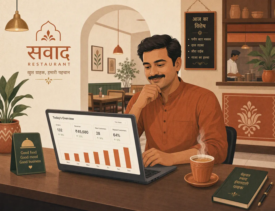 A restaurant's GST billing and digital khata report on a tablet