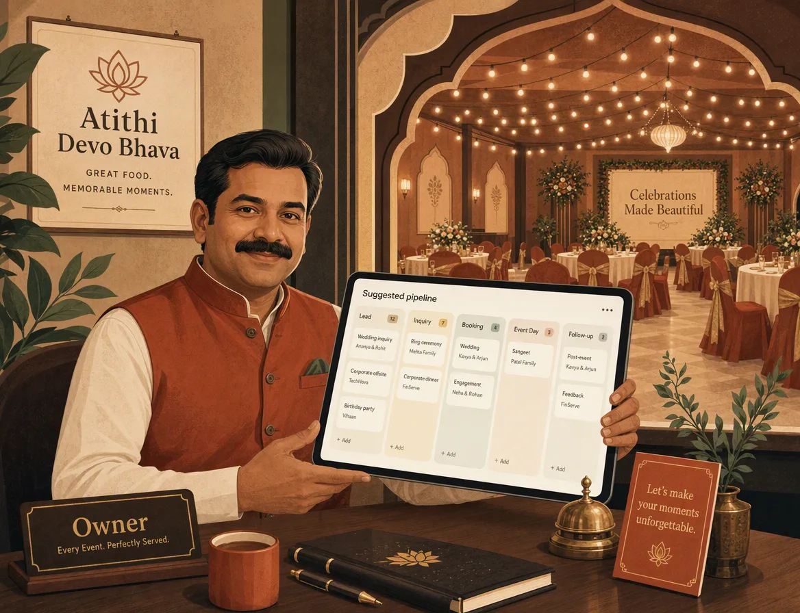 A banquet and events booking pipeline showing enquiries moving through stages